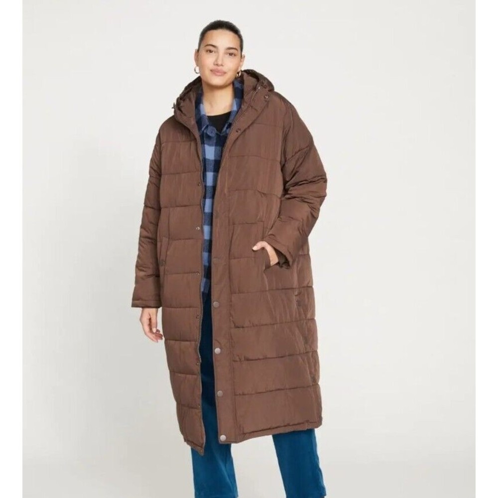 Universal Standard Womens Everest Long Hooded Puffer Coat Earth Brown Size 10-12